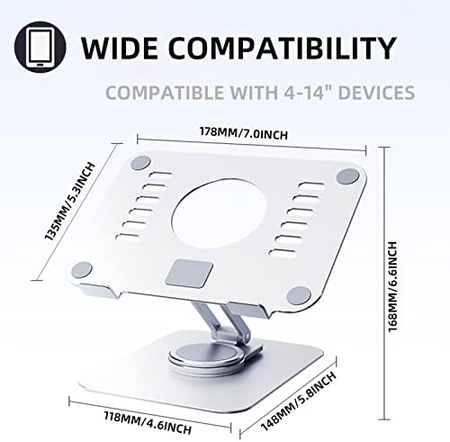 Swivel Tablet Holder, 360 Rotating Foldable Stand, Adjustable Aluminum Drawing Stand for Surface Pro/iPad Pro/Galaxy Tab, Monitor 4-14", Silver - Image 2