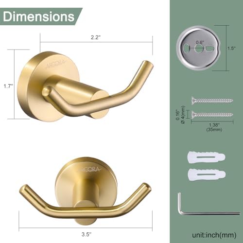 ARCORA Brushed Gold Towel Hooks, SUS 304 Stainless Steel Bathroom Robe Hook - Image 6