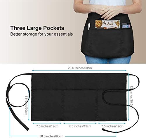 3 Pack Waist Apron - Server Aprons With 3 Pockets - Water & Oil Resistant Waitress Apron - Black Half Aprons for Women Servers - 12 Inch - Image 4