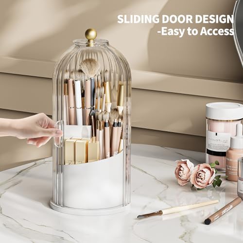 Dustproof Toothbrush Holder with Lid, 360 Rotating Countertop Electric Toothbrush Toothpaste Holders with Cover for Bathroom, 3 Slots Makeup Brush Holder with Lid for Vanity, White-Clear - Image 3