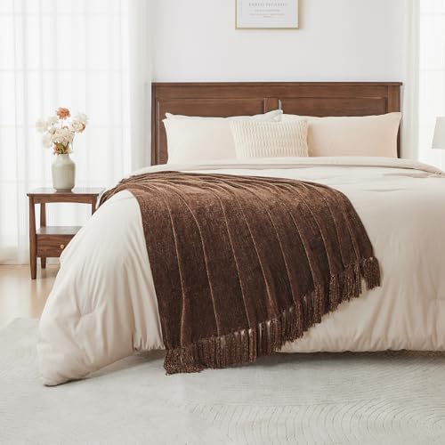 CozeCube Chenille Throw Blanket, Dark Brown Fringe Blanket, 60"X80" - Image 4