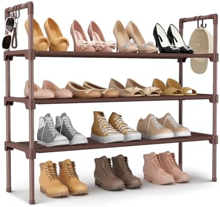 LANTEFUL 3 Tier Shoe Rack for Closet Shoe Organizer with 5 Hooks, Long Shoe Shelf Storage for Shoe and Boot Stackable Free Standing Shoe Rack for Entryway, Garage, Small Spaces, Dorm, Brown by LANTEFULforTidyingHouse