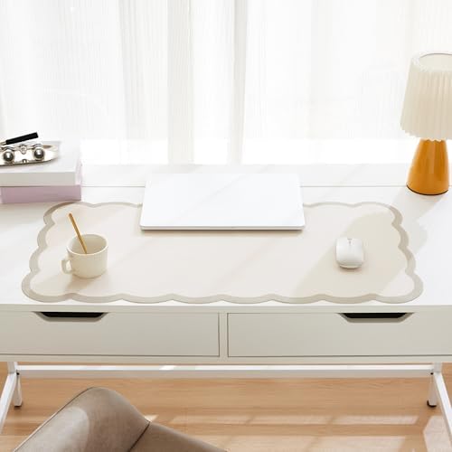 Scalloped Desk Mat, 31.5" x 15.7" Large Cute Aesthetic Desk Accessories, PU Leather Computer Laptop Desk Mouse Keyboard Pad, Desk Writing Mat for Vanity/Work/Home Decor (Beige, 31.5" x 15.7") - Image 2