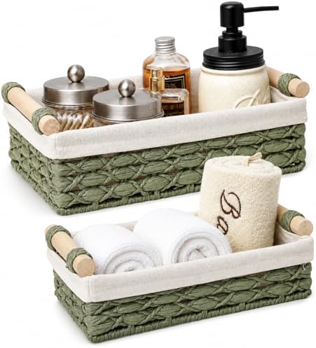 Sage Green Bathroom Baskets Set of 2, Paper Rope, Wood Handles by Rattanzenith