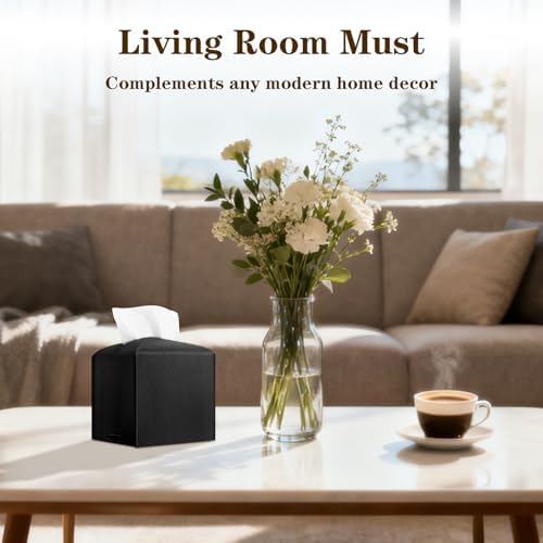 6-Pack Square Tissue Box Cover Holder, Black PU Leather Decorative Covers for Living Room, Bathroom, Office & Car - Image 2