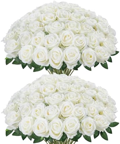 InnoGear White Roses Artificial Flowers 50 Pcs Fake Velvet Silk Rose Floral by InnoGear