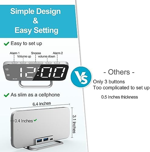 Slim LED Digital Alarm Clock, Mirror Surface for Makeup, with Diming, Large Display, Easy Setting, USB Ports, Modern Decor for Bedroom, Desk, Xmas, Birthday Gift for Women, Sister, Teen Girl, Silver - Image 2