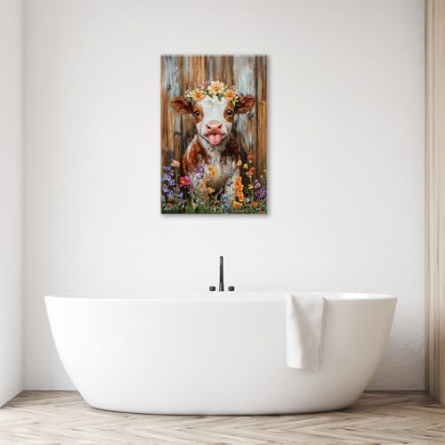 Funny Cow Bathroom Pictures Wall Art, Rustic Brown Cute Cow Bathroom Wall Decor, Farmhouse Floral Framed Painting Animal Flower Canvas Artwork for Bedroom Living Room Decorations 24" L x 16" W - Image 6