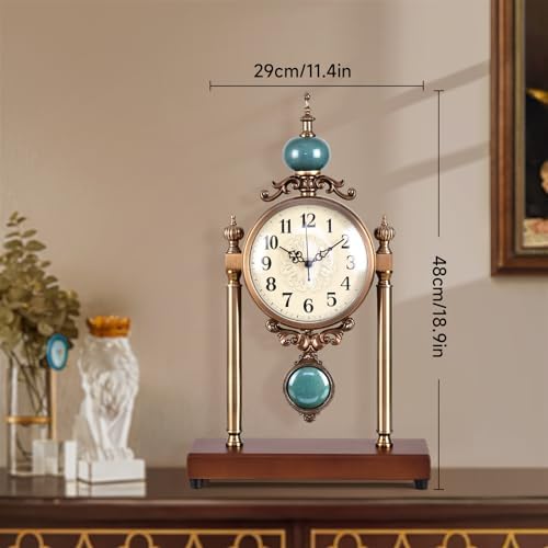 Vintage Table Clock with Turquoise Accents, Silent Non-Ticking, Wood Base and Metal Frame, Decorative Antique Design - Image 6