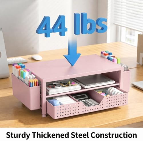 ECOLOVI Desk Organizer and Accessories, 2-Tier Computer Monitor Stand Rise with Storage Drawer & 2 Pen Holders, Laptop & Printer Stand for Desktop, Workspace Organizers for Office Supplies (Pink) - Image 5