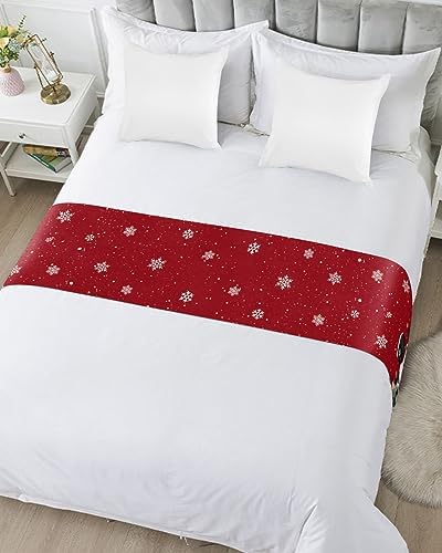 Red Snowman Christmas Bed Runners for Cal King Size Bed, Xmas Tree Decorative Bed Throws for Foot of Bed, Winter Snowflake Bed Runner Sofa Throw Bedding Scarf Protector Slipcover for Bedroom/Hotel - Image 5