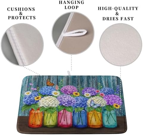 Hydrangea Dish Drying Mat Spring Summer Floral Jars Kitchen Drying Mats for Countertops Vintage Flower Vases Dish Draining Mat Microfiber Absorbent Dish Rack Pad 16x18 Inch - Image 3