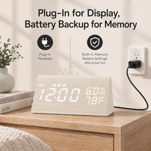 JALL Wooden Digital Alarm Clock for Bedrooms and Office, 3 Alarms with Big Digits, Humidity and Temperature Display, 6-Level Dimmer, Snooze, Loud Desk Clock for Heavy Sleepers, Plug in (White) - Image 6