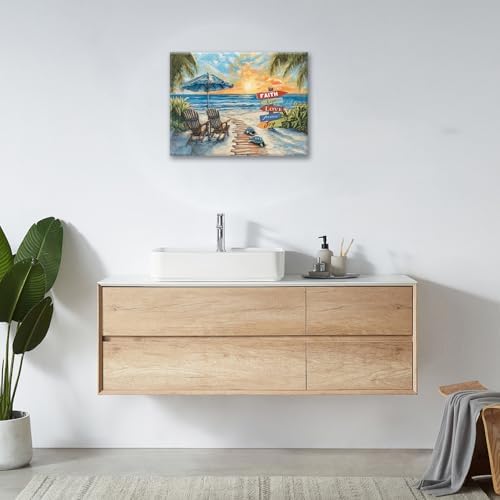 Beach Ocean Bathroom Pictures Wall Art, Seaside Coastal Bathroom Wall Decor, Sunrise Framed Painting Canvas Artwork for Bedroom Living Room Decorations 16" L x 12" W - Image 5