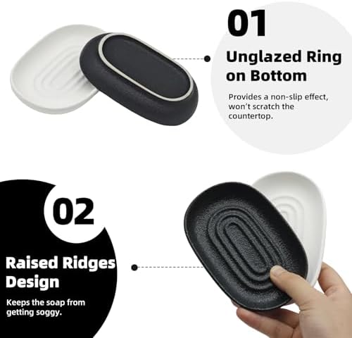Ceramic Soap Dish for Bathroom & Kitchen Sink- Black Matte Textured Finish Bar Soap Holder for Shower - Easy to Clean Small Simple Oval Soap Dishes Holders for Bar Soaps, Sponges, Jewelry - Image 5