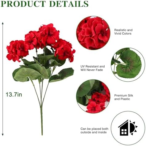 CEWOR Artificial Geraniums Flowers for Outdoors Realistic Silk Flowers Red - Image 2