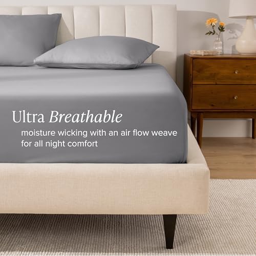 Bare Home 100% Organic Cotton Percale Fitted Sheet (Queen, Light Grey) - Image 3