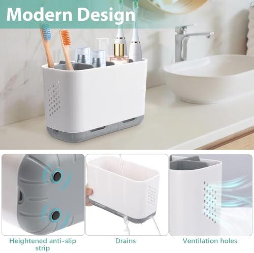 Boperzi Toothbrush and Toothpaste Holder Drainage for Bathroom Countertop with Adjustable Dividers, Large Toothpaste Caddy Organizer Storage Rustic Decor Set Anti-Slip for Shower,Family,Kids Gray - Image 3