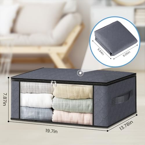 HomeHacks 6-Pack Clothes Organizer Storage Bags Foldable Storage Box with Large Clear Window Sturdy Handles for Closet, Dorm, Pillows, Bedding, Clothes, Stuffed Toys, Blankets, 35L, Grey - Image 2