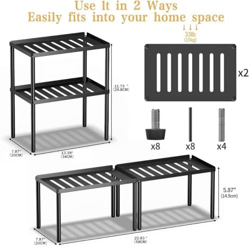 Cabinet Organizer Shelf, 2 Tier Kitchen Cabinet Organizer with Stackable Cabinet Shelves for Kitchen Countertop Storage, Metal Kitchen Shelf Organizer for Spice, Pantry & Under Sink (Black) - Image 4