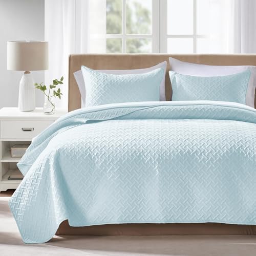 FLYMME Twin Quilt Set, Lightweight Sky Blue Bedspreads, Basket Weave Pattern,Ultra Soft Microfiber Bedspread Bed Coverlet 2 Pieces for All-Seasons (1 Quilt, 1 Sham) by FLYMME
