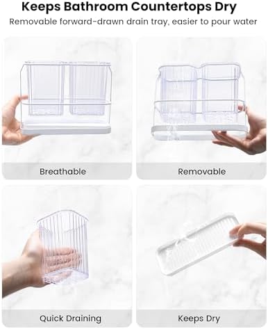 KONE Clear Toothbrush Holders for Bathroom, 2 Cups Wall Mounted, Dry & Wet Separation, Organizers and Storage Set for Family Kids - Image 4