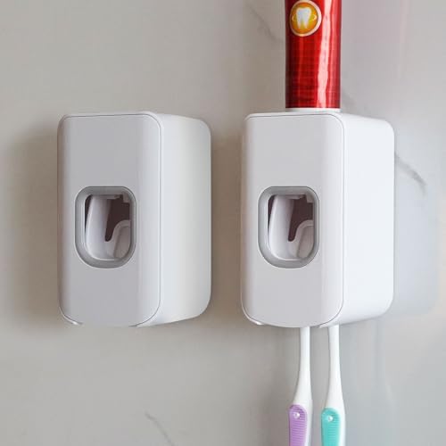 2 Slot Toothbrush Holder and Toothpaste Dispenser Wall Mounted, Automatic Toothpaste Squeezer, 2 in 1 Tooth Brush Toothpaste Organizer for Shower (White 2pack) by LUEXBOX