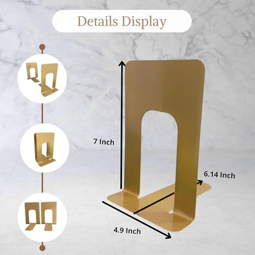 Alessk Dark Matte Gold Metal Bookends for Shelves – Heavy Duty Decorative Bookends for Heavy Books – Modern Book Ends for Office Bookshelf- has 3 Non-Slip Pads at the Bottom – 2Pairs (4 Pieces) - Image 2
