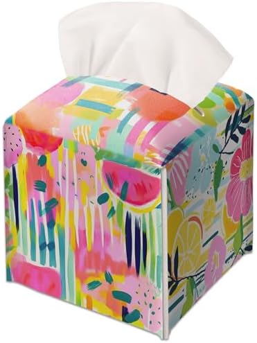 Modern Square Leather Tissue Box Cover/Case Holder Gifts for Women Family and Friends, Decorative Holder/Organizer for Bathroom Kitchen Nightstand Office Home (Colorful Rainbow Fruits) by JUPXB