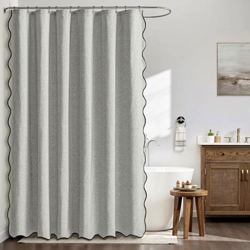 MIULEE Light Grey Scalloped Linen Shower Curtain 72x72 Inches - Image 3