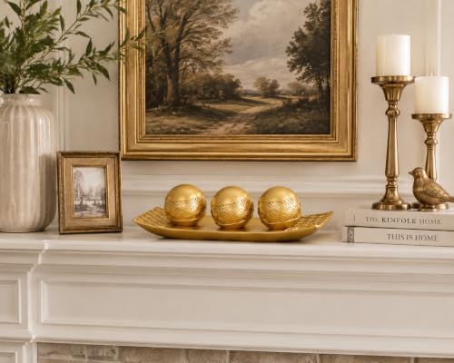 Gold Decorative Orbs with Tray Set, 3Pcs Resin Decorative Balls with Tray, Modern Accent Sphere for Coffee Table, Dining Table, Living Room, Entryway - Image 4