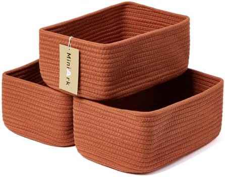 MiniArk Small Storage Baskets for Organizing | Closet Organizer Bins | Shelf Toy Basket | Woven Rope Baskets | Cube Decorative Box | Shallow Basket | 11.5x7.5x4.7” | 3 Packs Oxide Red by MiniArkStorageBasketsHome