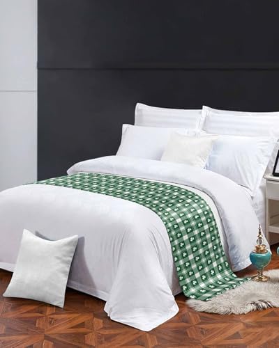 St Patrick's White Lucky Leaves Bed Runners for Bedroom Hotel,Decorative Bedding Scarf Green Twill Buffalo Plaid Bed End Blanket Bedding Runner Scarves for Twin Size Bed,71x20in - Image 4