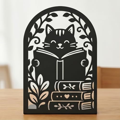 2 Pairs Reading Cat Metal Bookends, Heavy Duty Black Book Support, Creative Books Organiser Stopper for Shelves Bookshelf Office Home Decor, Cat Lovers & Bookworms Gift - Image 3