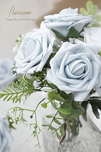 Floroom Artificial Flowers 25pcs Real Looking Powder Blue Foam Fake Roses with Stems for DIY Wedding Bouquets Bridal Shower Centerpieces Floral Arrangements Party Tables Home Decorations - Image 3