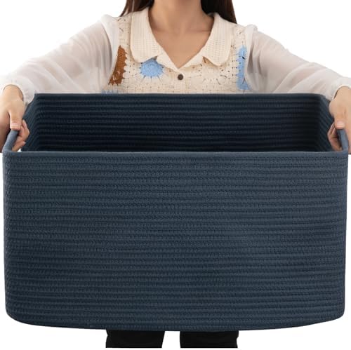 OIAHOMY 75L Large Blanket Basket Woven Storage Basket with Handle Blue by MasterofSpaceOptimization