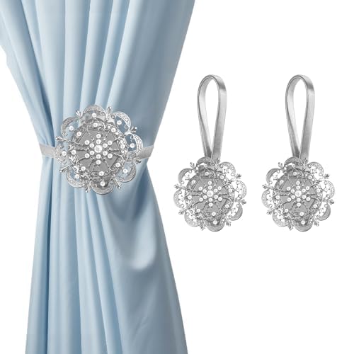Magnetic Curtain Tiebacks 2 Pack, Silver Crystal Mandala Curtain Holdbacks, No-Drill Magnetic Curtain Ties for Living Room, Bedroom & Window Decor by OriverOfficial