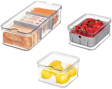 iDesign Crisp 3-Piece Recycled Plastic Refrigerator Organizer Bin Set with Lids, Clear/Gray by iDesign