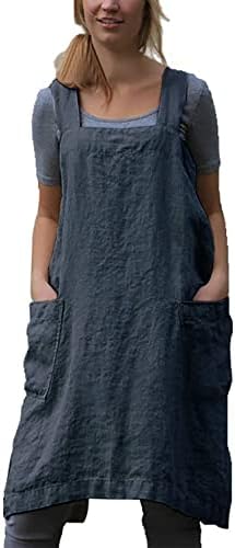 VLZUFE Cotton Linen Apron for women Cross Back Apron Pinafore Dress for Baking Cooking Gardening Work by Unknown