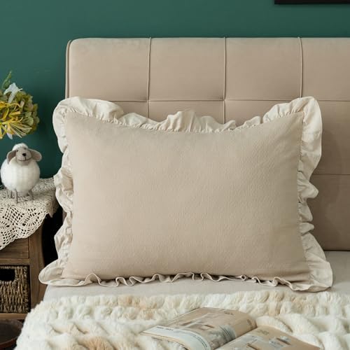 GLORY SEASON Pillow Shams Set of 2 Pure Cotton Champray Ruffled Edge,Thick and Solid Washed Dobby Heavy Fabric (King 20x36 inches) - Image 6