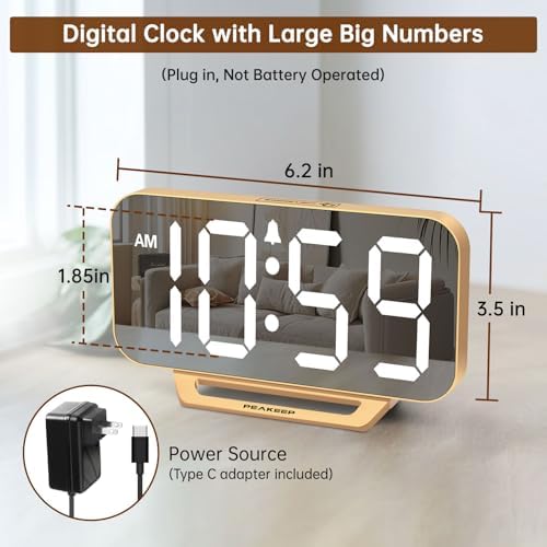 Peakeep Slim Digital Mirror Aesthetic Alarm Clock for Bedrooms Desk Decor - Image 2