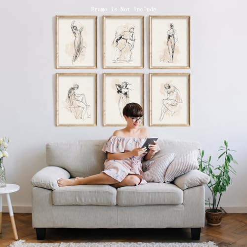 Vodefoad Figure Sketch Art Print Neutral Gallery Wall 6Pcs Set Soft feminine lines Abstract Wall Prints Boho Neutral Line Art Minimalist Bedroom Decor Vintage Drawing Art Female Prints Unframe - Image 4