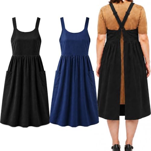 Cotton Linen Apron Cross Back Apron for Women with Pockets Pinafore Dress by Uaussi