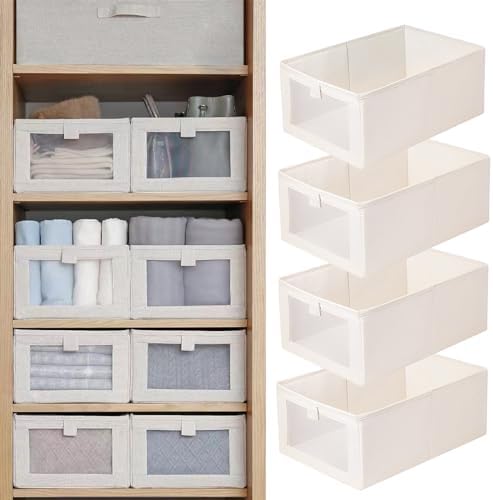 Pradnel Linen Closet Organizers And Storage, 4 Pack Storage Bins Baskets for Organization Foldable Organizer with Clear Window Organizing Clothing, Jeans, Shelves by Pradnel