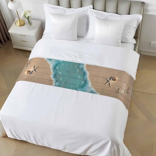 Coastal Ocean Starfish and Shell Sand Bed Runner for Bedroom Hotel - Decorative Bedding Scarf 'The Beach Is My Happy Place' - End Blanket Runner for California King Size, 102x20in - Image 4