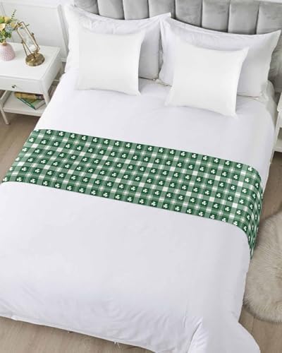 St Patrick's White Lucky Leaves Bed Runners for Bedroom Hotel,Decorative Bedding Scarf Green Twill Buffalo Plaid Bed End Blanket Bedding Runner Scarves for Twin Size Bed,71x20in - Image 3