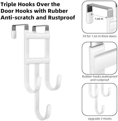 2 Packs Over-the-Door Hooks, Fits 1 1/2 Inch Interior Doors, No Installation Required, 100 Lb Heavy Duty with Rubber Anti-Scratch, Space-Saving Hangers for Bathroom, Bedroom, Kitchen, Office, White - Image 6