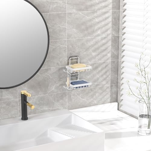Moforoco White Double Soap Bar Holder for Shower, No Drilling, 304 Rustproof Stainless Steel, Wall Mounted Soap Holder with 4 Hooks and Razor Holder, Shower Rack Soap Tray Bar Soap for Bathroom - Image 5