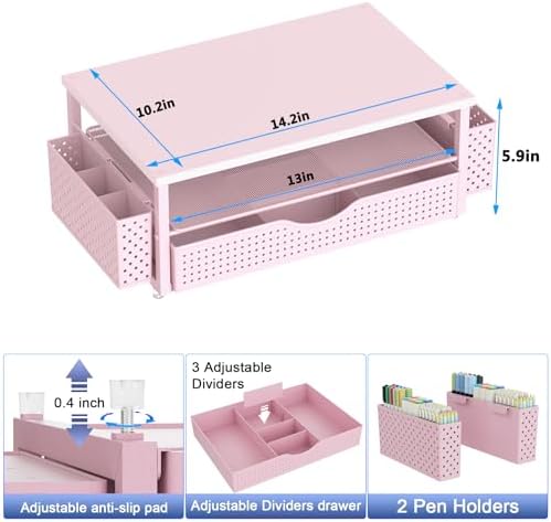 Spacrea Computer Monitor Stand with Drawer and 2 Pen Holders, Pink - Image 6