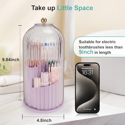 QIYVLOS Toothbrush Holders with Sliding Lid, Rotating 3 Slots Bathroom Organizer Countertop, Tooth Brush Toothpaste Holder Bathroom Counter Stand Sink Organizer for Makeup Brushes Holder (Purple) - Image 6